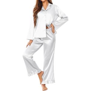 imageEkouaer Silk Satin Pajamas Set Womens Long Sleepwear Button Down 2 Piece Classic Soft Loungewear Pjs SetWhite