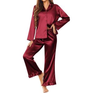 imageEkouaer Silk Satin Pajamas Set Womens Long Sleepwear Button Down 2 Piece Classic Soft Loungewear Pjs SetWine Red