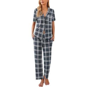 imageEkouaer Women Pajamas Set Button Down Sleepwear Short Sleeve Nightwear with Long Pants Soft Pjs Set SXXLBblack Plaid