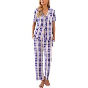 imageEkouaer Women Pajamas Set Button Down Sleepwear Short Sleeve Nightwear with Long Pants Soft Pjs Set SXXLBblue Plaid