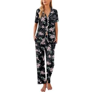 imageEkouaer Women Pajamas Set Button Down Sleepwear Short Sleeve Nightwear with Long Pants Soft Pjs Set SXXLBig Black Flowers