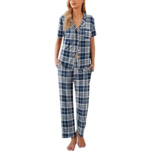 imageEkouaer Women Pajamas Set Button Down Sleepwear Short Sleeve Nightwear with Long Pants Soft Pjs Set SXXLBnavy Blue Black Plaid