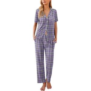 imageEkouaer Women Pajamas Set Button Down Sleepwear Short Sleeve Nightwear with Long Pants Soft Pjs Set SXXLBpurple Plaid