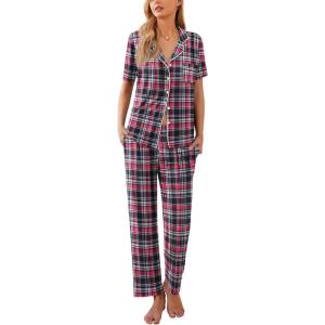 imageEkouaer Women Pajamas Set Button Down Sleepwear Short Sleeve Nightwear with Long Pants Soft Pjs Set SXXLBred Black Plaid