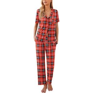 imageEkouaer Women Pajamas Set Button Down Sleepwear Short Sleeve Nightwear with Long Pants Soft Pjs Set SXXLBred Plaid