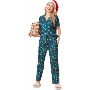 imageEkouaer Women Pajamas Set Button Down Sleepwear Short Sleeve Nightwear with Long Pants Soft Pjs Set SXXLChristmas Green