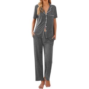 imageEkouaer Women Pajamas Set Button Down Sleepwear Short Sleeve Nightwear with Long Pants Soft Pjs Set SXXLDark Gray