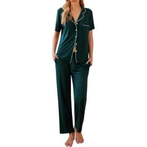 imageEkouaer Women Pajamas Set Button Down Sleepwear Short Sleeve Nightwear with Long Pants Soft Pjs Set SXXLGreen