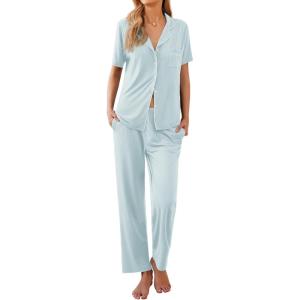 imageEkouaer Women Pajamas Set Button Down Sleepwear Short Sleeve Nightwear with Long Pants Soft Pjs Set SXXLIce Blue