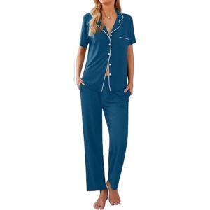 imageEkouaer Women Pajamas Set Button Down Sleepwear Short Sleeve Nightwear with Long Pants Soft Pjs Set SXXLIndigo