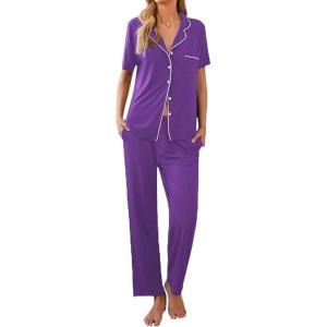 imageEkouaer Women Pajamas Set Button Down Sleepwear Short Sleeve Nightwear with Long Pants Soft Pjs Set SXXLLavender