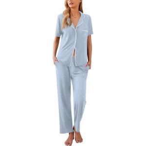 imageEkouaer Women Pajamas Set Button Down Sleepwear Short Sleeve Nightwear with Long Pants Soft Pjs Set SXXLLight Blue Stars