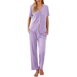 imageEkouaer Women Pajamas Set Button Down Sleepwear Short Sleeve Nightwear with Long Pants Soft Pjs Set SXXLLight Purple