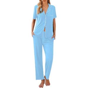 imageEkouaer Women Pajamas Set Button Down Sleepwear Short Sleeve Nightwear with Long Pants Soft Pjs Set SXXLLight Sky Blue