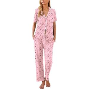 imageEkouaer Women Pajamas Set Button Down Sleepwear Short Sleeve Nightwear with Long Pants Soft Pjs Set SXXLLove Heart