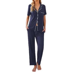 imageEkouaer Women Pajamas Set Button Down Sleepwear Short Sleeve Nightwear with Long Pants Soft Pjs Set SXXLNavy Blue