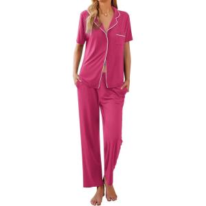 imageEkouaer Women Pajamas Set Button Down Sleepwear Short Sleeve Nightwear with Long Pants Soft Pjs Set SXXLPink