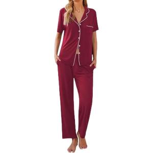 imageEkouaer Women Pajamas Set Button Down Sleepwear Short Sleeve Nightwear with Long Pants Soft Pjs Set SXXLRed