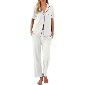 imageEkouaer Women Pajamas Set Button Down Sleepwear Short Sleeve Nightwear with Long Pants Soft Pjs Set SXXLWhite