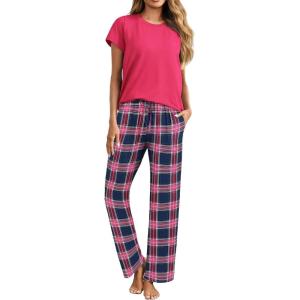 imageEkouaer Womens Pajamas 2 Piece Pajama Sets Soft Short Sleeve Sleepwear Ladies Lounge SetsBlackpink Plaid