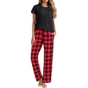 imageEkouaer Womens Pajamas 2 Piece Pajama Sets Soft Short Sleeve Sleepwear Ladies Lounge SetsBlackred Plaid