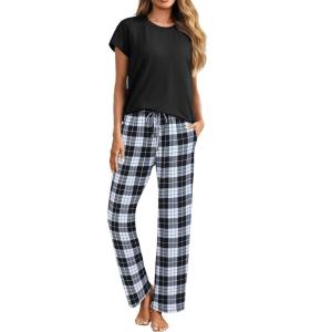 imageEkouaer Womens Pajamas 2 Piece Pajama Sets Soft Short Sleeve Sleepwear Ladies Lounge SetsBlackwhite Plaid