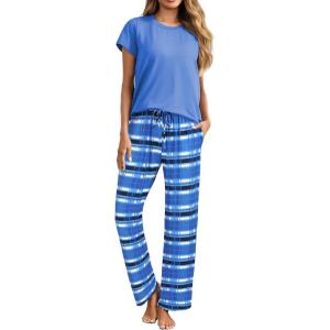 imageEkouaer Womens Pajamas 2 Piece Pajama Sets Soft Short Sleeve Sleepwear Ladies Lounge SetsBluewhite Plaid