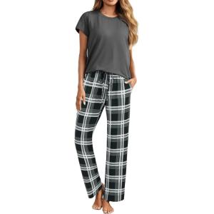 imageEkouaer Womens Pajamas 2 Piece Pajama Sets Soft Short Sleeve Sleepwear Ladies Lounge SetsDeep Greywhite Plaid