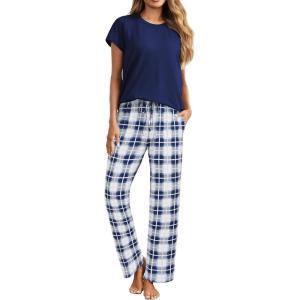 imageEkouaer Womens Pajamas 2 Piece Pajama Sets Soft Short Sleeve Sleepwear Ladies Lounge SetsNavy Bluewhite Plaid