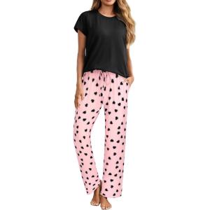 imageEkouaer Womens Pajamas 2 Piece Pajama Sets Soft Short Sleeve Sleepwear Ladies Lounge SetsPinkblack Heart