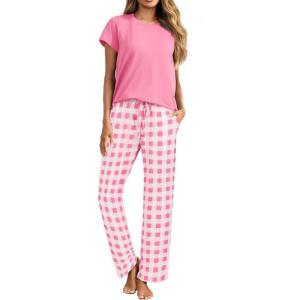 imageEkouaer Womens Pajamas 2 Piece Pajama Sets Soft Short Sleeve Sleepwear Ladies Lounge SetsPinkwhite Plaid