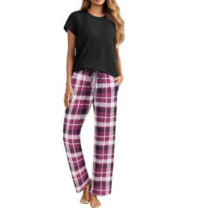 imageEkouaer Womens Pajamas 2 Piece Pajama Sets Soft Short Sleeve Sleepwear Ladies Lounge SetsPurplewhite Plaid