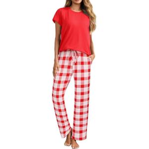 imageEkouaer Womens Pajamas 2 Piece Pajama Sets Soft Short Sleeve Sleepwear Ladies Lounge SetsRedwhite Plaid