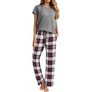 imageEkouaer Womens Pajamas 2 Piece Pajama Sets Soft Short Sleeve Sleepwear Ladies Lounge SetsWine Redwhite Plaid