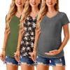 imageEkouaer Womens Maternity Shirts 3 Packs V Neck Tops Tunic Pregnancy Clothes Side Ruched Short Sleeve Casual T Shirt SXXLArmy GreenDark GreyBlack Flower