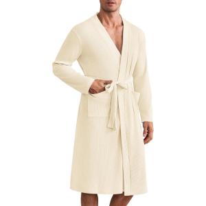 imageEkouaer Mens Robes Lightweight Waffle Knit Spa Bathrobe Soft Kimono Shower Robe V Neck Long Sleeve Sleepwear with PocketsBeige