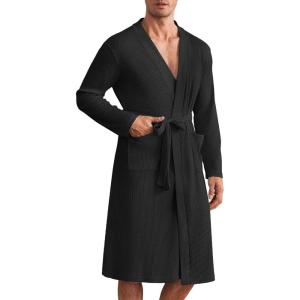 imageEkouaer Mens Robes Lightweight Waffle Knit Spa Bathrobe Soft Kimono Shower Robe V Neck Long Sleeve Sleepwear with PocketsBlack