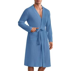 imageEkouaer Mens Robes Lightweight Waffle Knit Spa Bathrobe Soft Kimono Shower Robe V Neck Long Sleeve Sleepwear with PocketsBlue