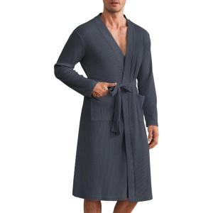 imageEkouaer Mens Robes Lightweight Waffle Knit Spa Bathrobe Soft Kimono Shower Robe V Neck Long Sleeve Sleepwear with PocketsDark Grey