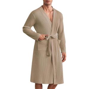 imageEkouaer Mens Robes Lightweight Waffle Knit Spa Bathrobe Soft Kimono Shower Robe V Neck Long Sleeve Sleepwear with PocketsKhaki