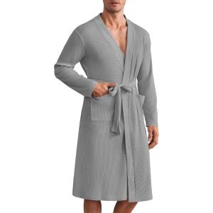 imageEkouaer Mens Robes Lightweight Waffle Knit Spa Bathrobe Soft Kimono Shower Robe V Neck Long Sleeve Sleepwear with PocketsLight Grey