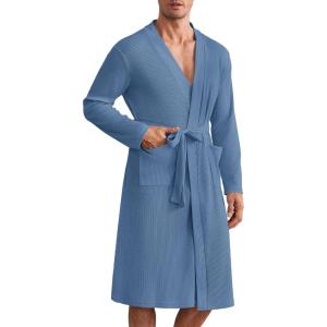 imageEkouaer Mens Robes Lightweight Waffle Knit Spa Bathrobe Soft Kimono Shower Robe V Neck Long Sleeve Sleepwear with PocketsNavy