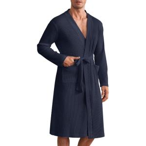 imageEkouaer Mens Robes Lightweight Waffle Knit Spa Bathrobe Soft Kimono Shower Robe V Neck Long Sleeve Sleepwear with PocketsNavy Blue