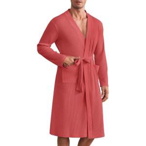 imageEkouaer Mens Robes Lightweight Waffle Knit Spa Bathrobe Soft Kimono Shower Robe V Neck Long Sleeve Sleepwear with PocketsRed