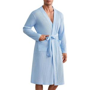 imageEkouaer Mens Robes Lightweight Waffle Knit Spa Bathrobe Soft Kimono Shower Robe V Neck Long Sleeve Sleepwear with PocketsSky Blue