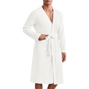 imageEkouaer Mens Robes Lightweight Waffle Knit Spa Bathrobe Soft Kimono Shower Robe V Neck Long Sleeve Sleepwear with PocketsWhite