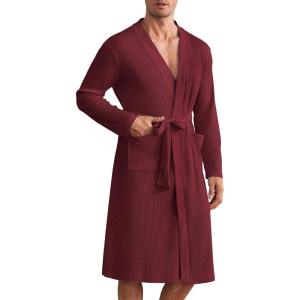 imageEkouaer Mens Robes Lightweight Waffle Knit Spa Bathrobe Soft Kimono Shower Robe V Neck Long Sleeve Sleepwear with PocketsWine Red