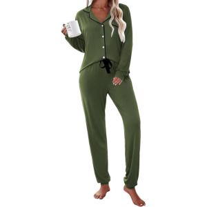 imageEkouaer Pajamas Set Long Sleeve Sleepwear Womens Button Down Nightwear Soft Pj Loungewear with PocketsArmy Green