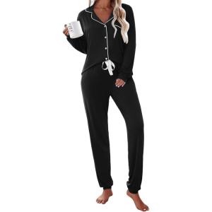 imageEkouaer Pajamas Set Long Sleeve Sleepwear Womens Button Down Nightwear Soft Pj Loungewear with PocketsBlack