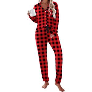 imageEkouaer Pajamas Set Long Sleeve Sleepwear Womens Button Down Nightwear Soft Pj Loungewear with PocketsBlack and Red Plaid